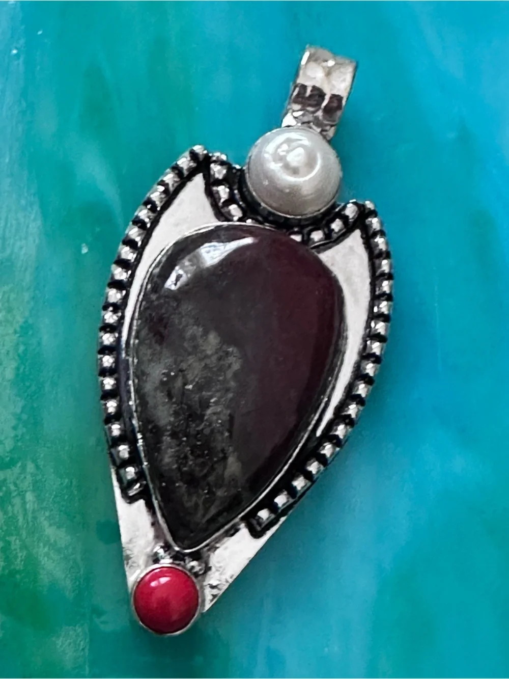 Artisan Silver Dragon Blood Stone  Pendant with Pearl and Coral Accent